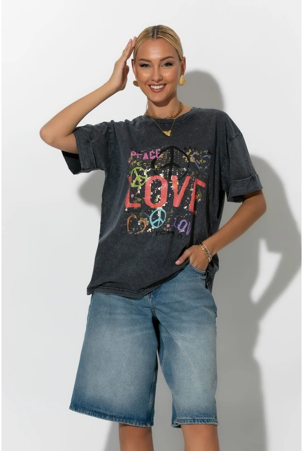 T-Shirt με στάμπα graffiti ανθρακί 