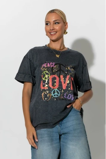 T-Shirt με στάμπα graffiti ανθρακί 