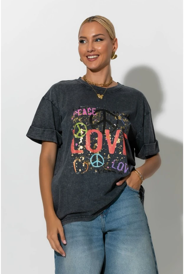 T-Shirt με στάμπα graffiti ανθρακί 