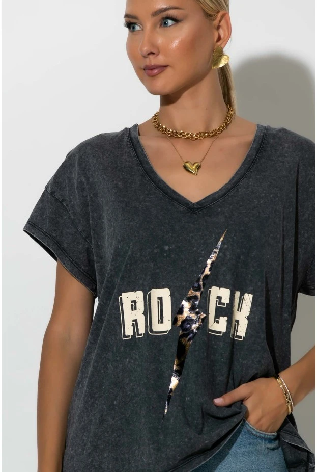 T-Shirt με V και στάμπα rock ανθρακί-μπεζ 