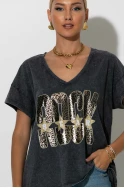 T-Shirt με V και στάμπα rock leopard ανθρακί-μπεζ 