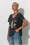 T-Shirt με V και στάμπα rock leopard ανθρακί-μπεζ 