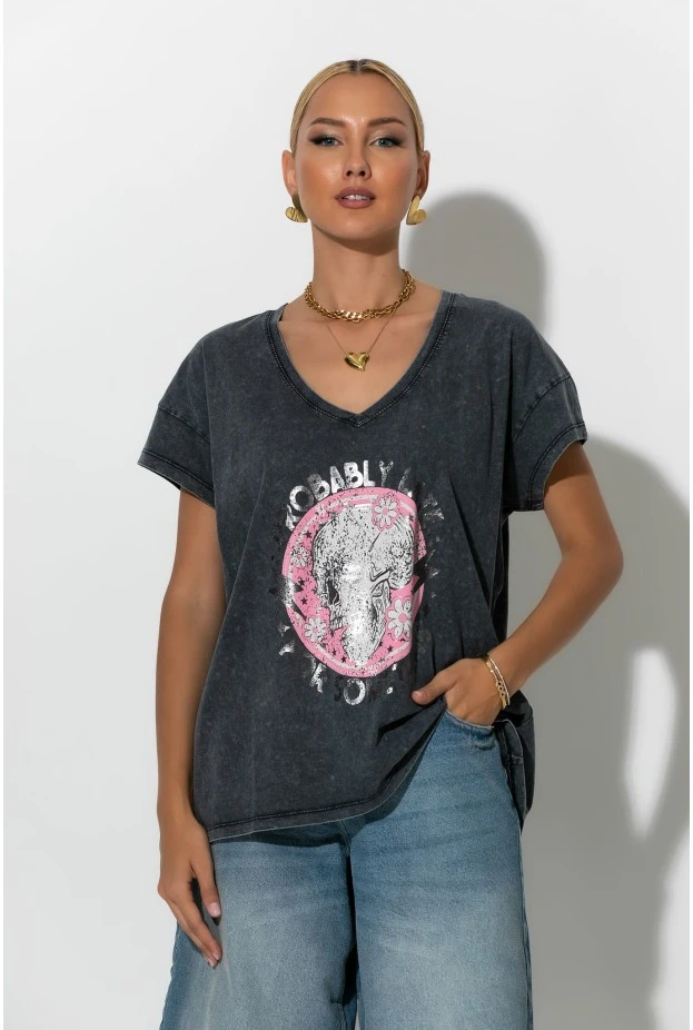 T-Shirt με V και στάμπα probably ανθρακί-ροζ
