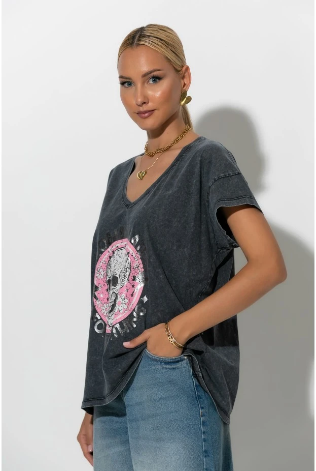 T-Shirt με V και στάμπα probably ανθρακί-ροζ