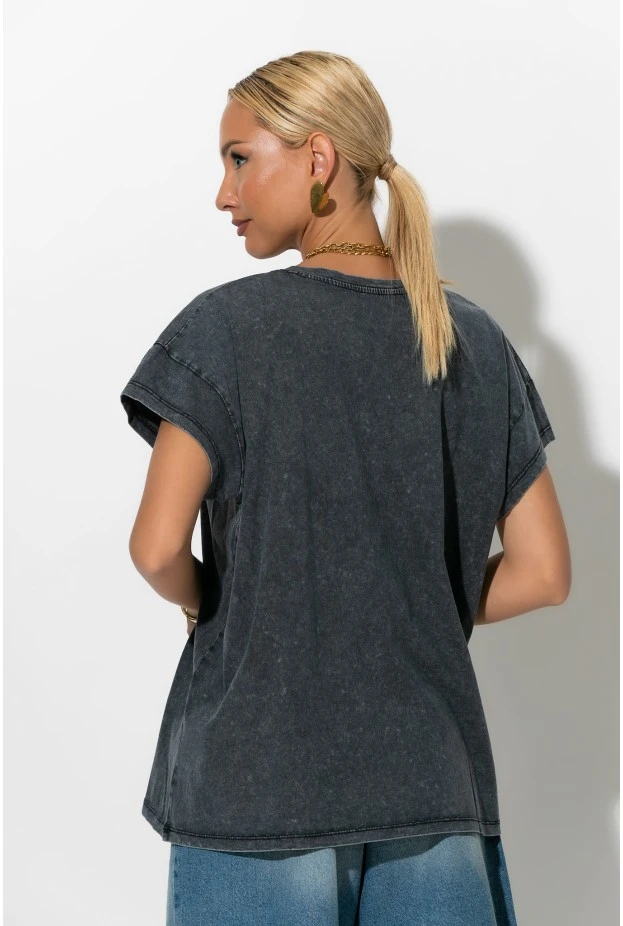 T-Shirt με V και στάμπα probably ανθρακί-ροζ