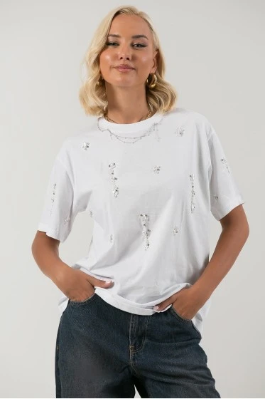 T-shirt με πέρλες και στρας λευκό