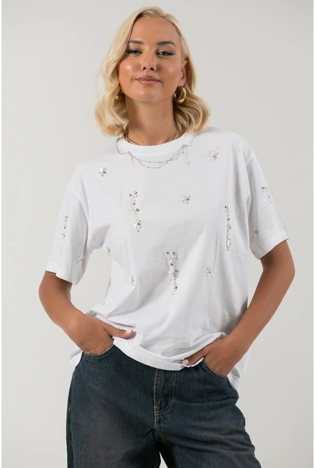 T-shirt με πέρλες και στρας λευκό