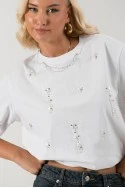 T-shirt με πέρλες και στρας λευκό