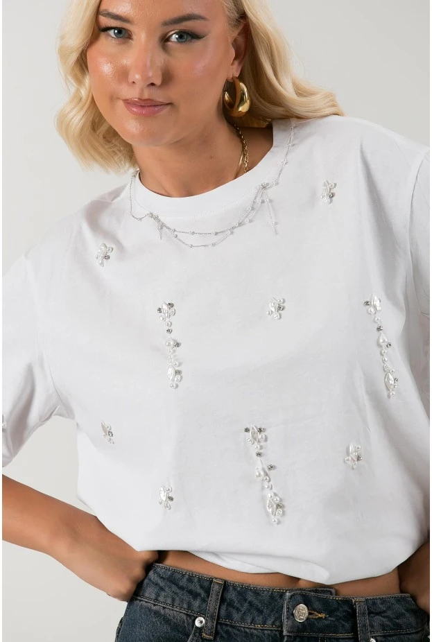 T-shirt με πέρλες και στρας λευκό