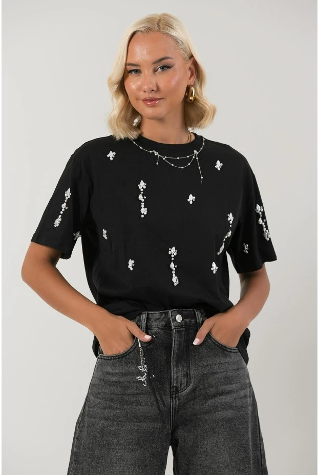 T-shirt με πέρλες και στρας μαύρο