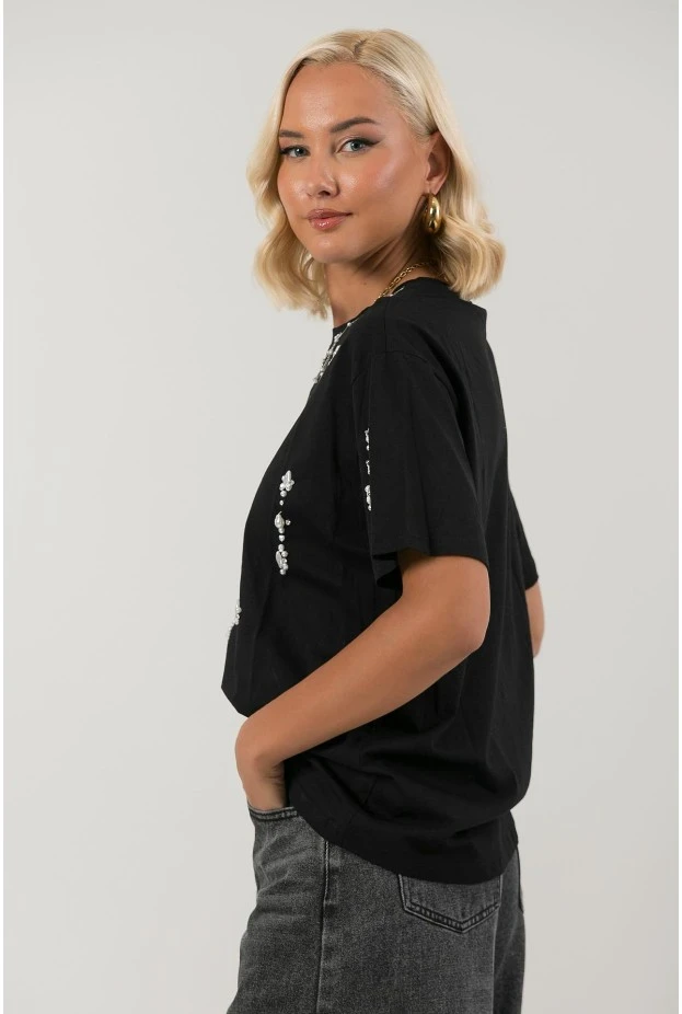 T-shirt με πέρλες και στρας μαύρο