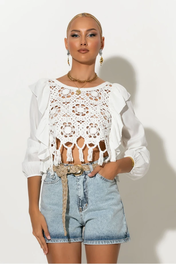 Crochet μπλούζα με βολάν λευκό Crochet μπλούζα με βολάν λευκό