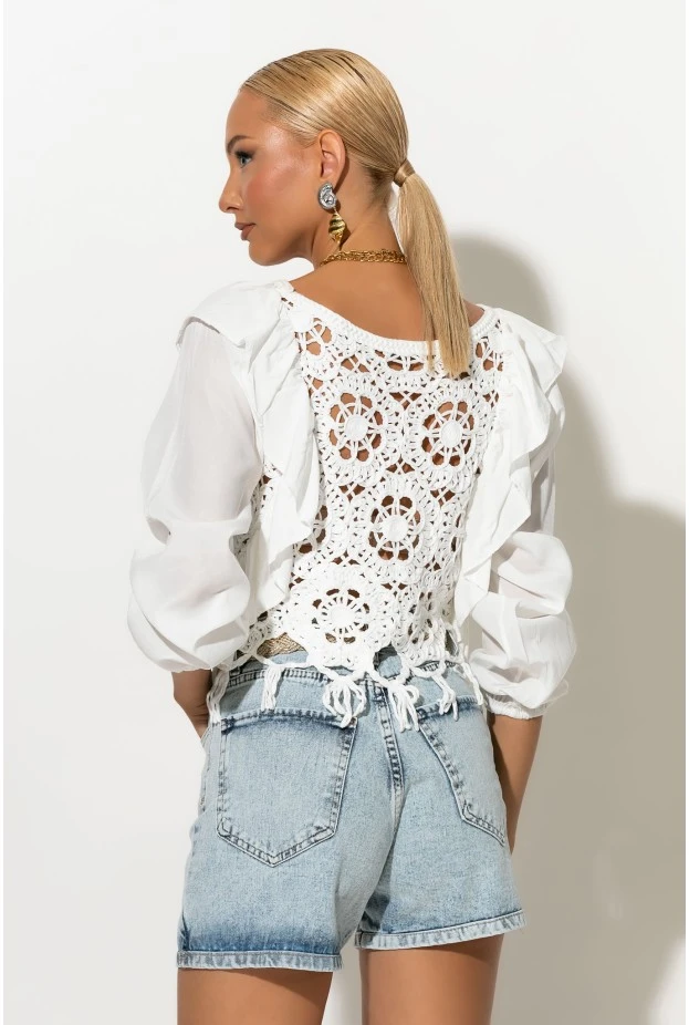 Crochet μπλούζα με βολάν λευκό