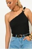 Crop top γκοφρέ με έναν ώμο και αγκράφα μαύρο