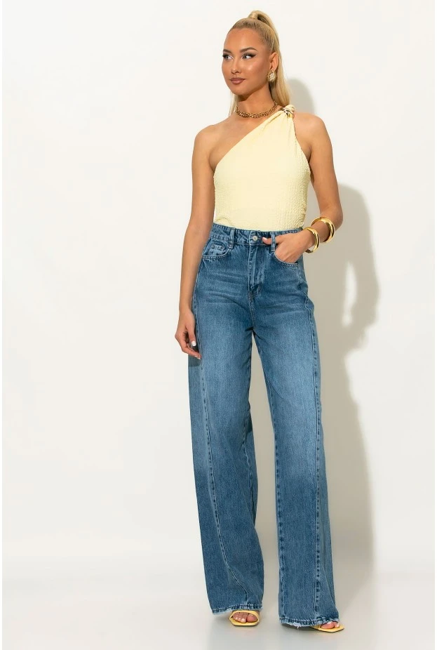 Crop top γκοφρέ με έναν ώμο και αγκράφα  κίτρινο