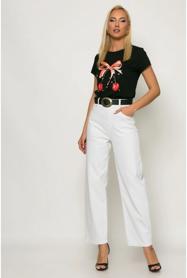 T-Shirt cherry με σατινέ φιόγκο και στράς μαύρο