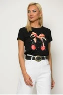 T-Shirt cherry με σατινέ φιόγκο και στράς μαύρο