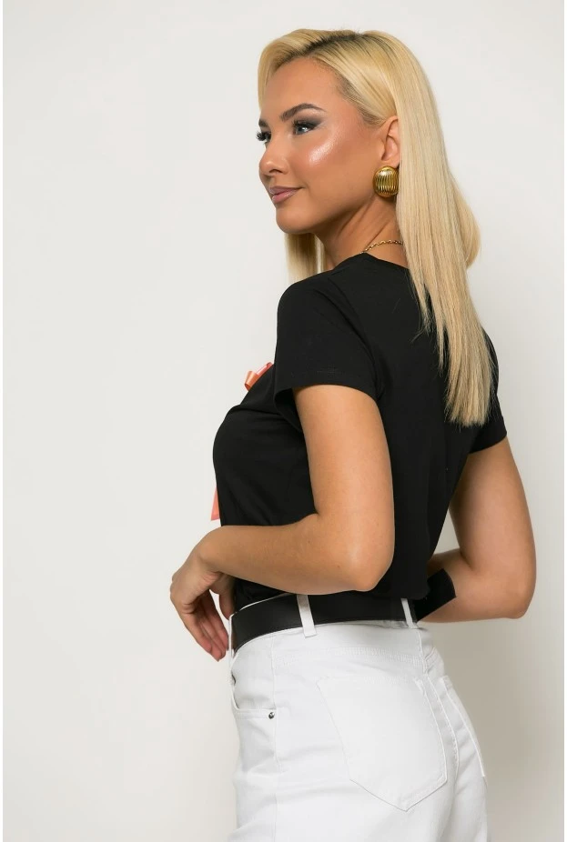 T-Shirt cherry με σατινέ φιόγκο και στράς μαύρο