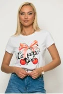 T-Shirt cherry με σατινέ φιόγκο και στράς λευκό