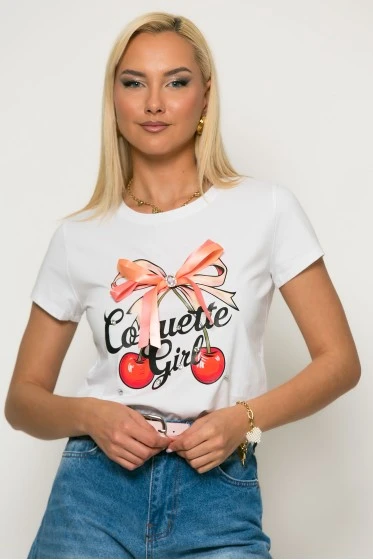 T-Shirt cherry με σατινέ φιόγκο και στράς λευκό
