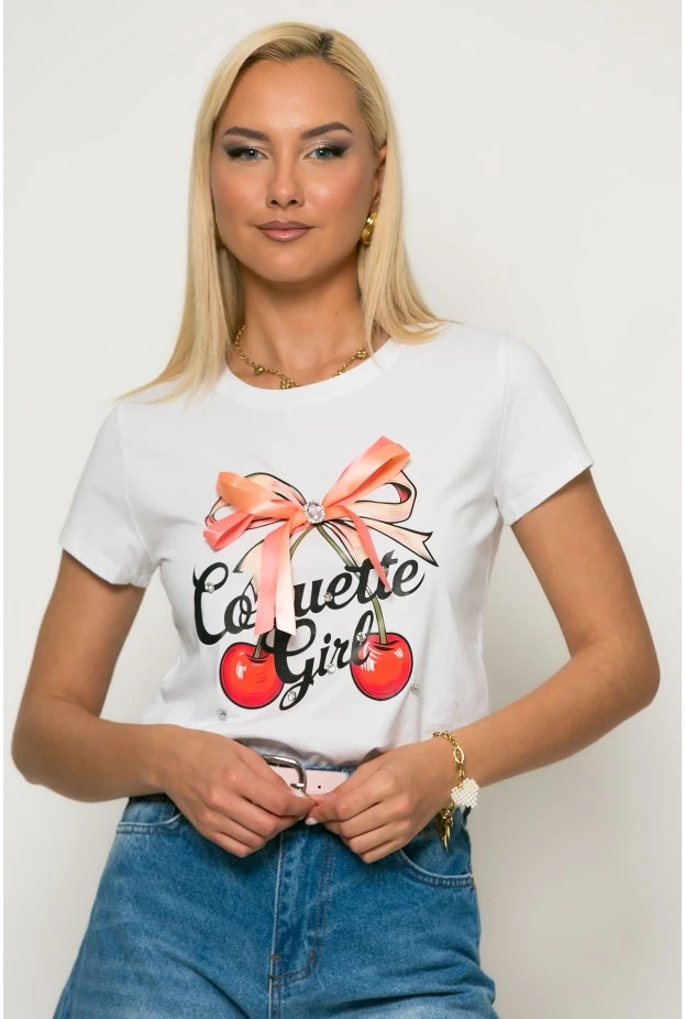 T-Shirt cherry με σατινέ φιόγκο και στράς λευκό