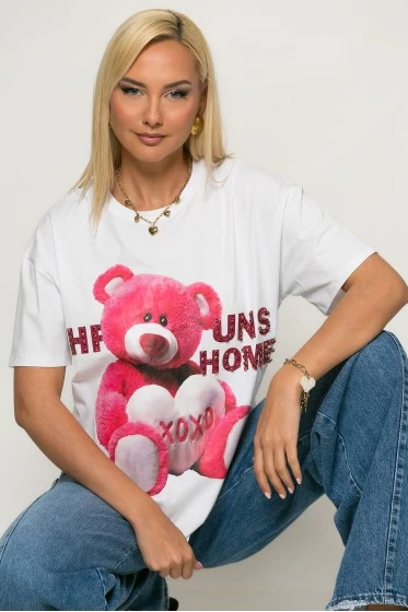 Oversized t-shirt με στάμπα bear και στρας λευκό