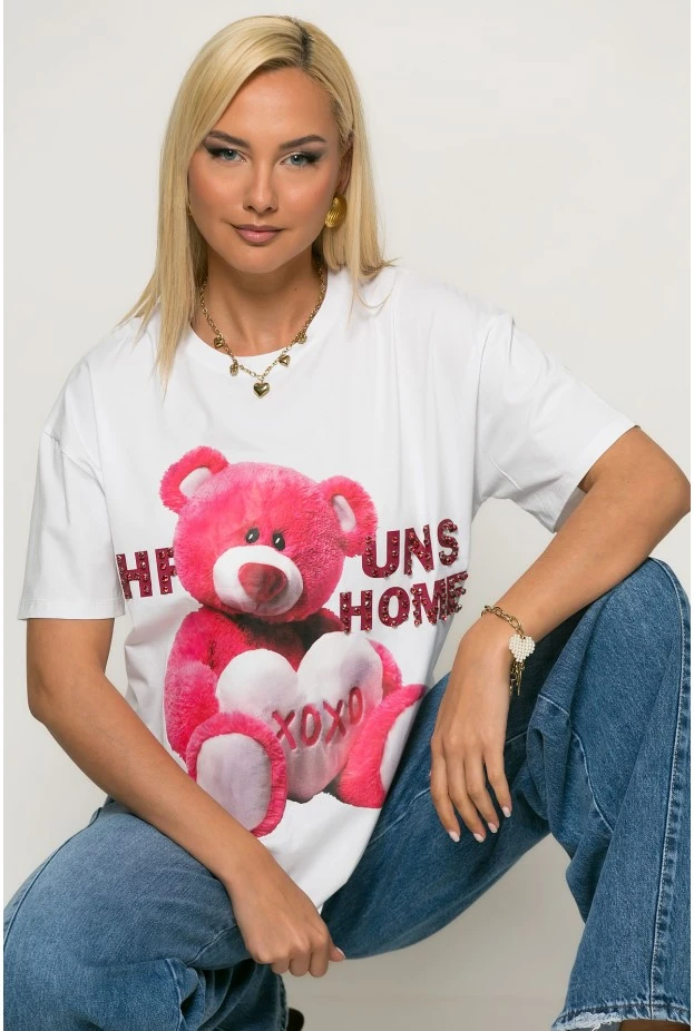 Oversized t-shirt με στάμπα bear και στρας λευκό