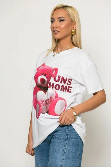 Oversized t-shirt με στάμπα bear και στρας λευκό
