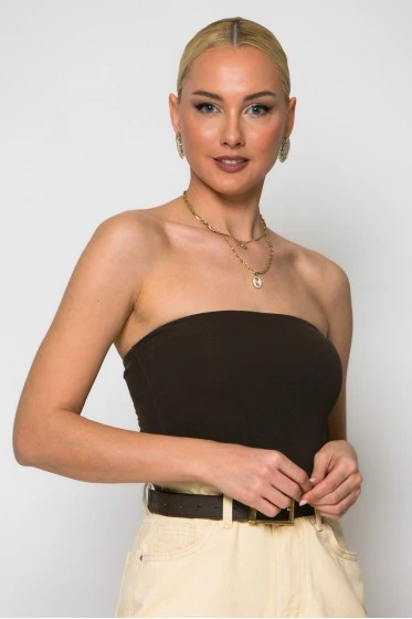 Crop top στράπλες καφέ