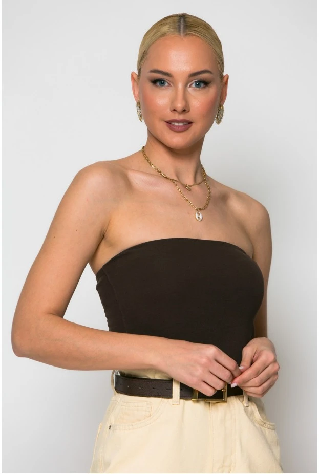 Crop top στράπλες καφέ