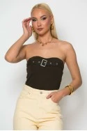 Crop στράπλες top με λεπτομέρεια ζωνάκι και cups καφέ