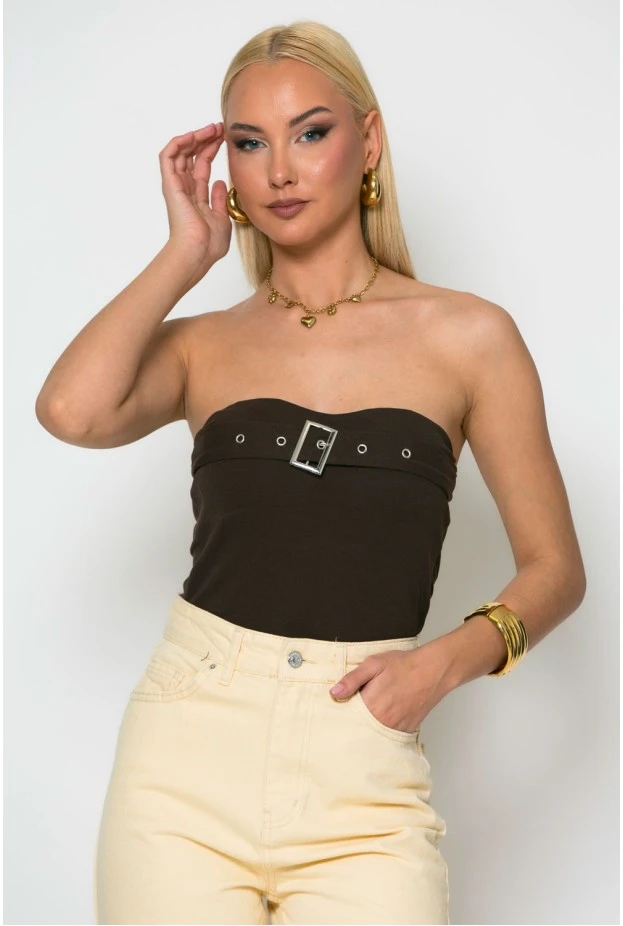 Crop στράπλες top με λεπτομέρεια ζωνάκι και cups καφέ