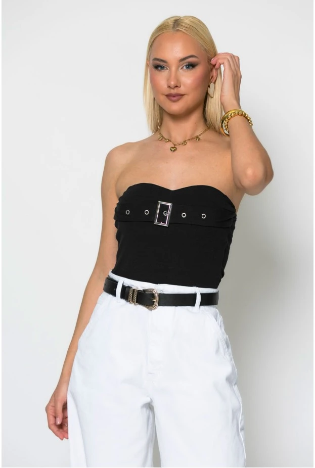 Crop στράπλες top με λεπτομέρεια ζωνάκι και cups μαύρο