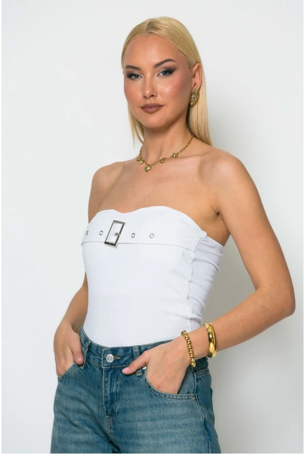 Crop στράπλες top με λεπτομέρεια ζωνάκι και cups λευκό