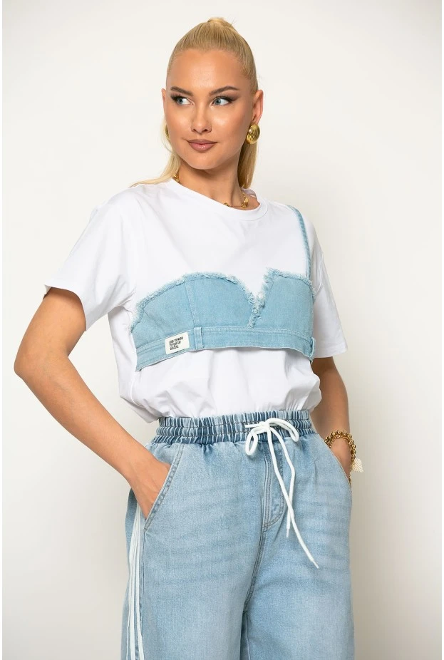 T-shirt με jean λεπτομέρειες λευκό