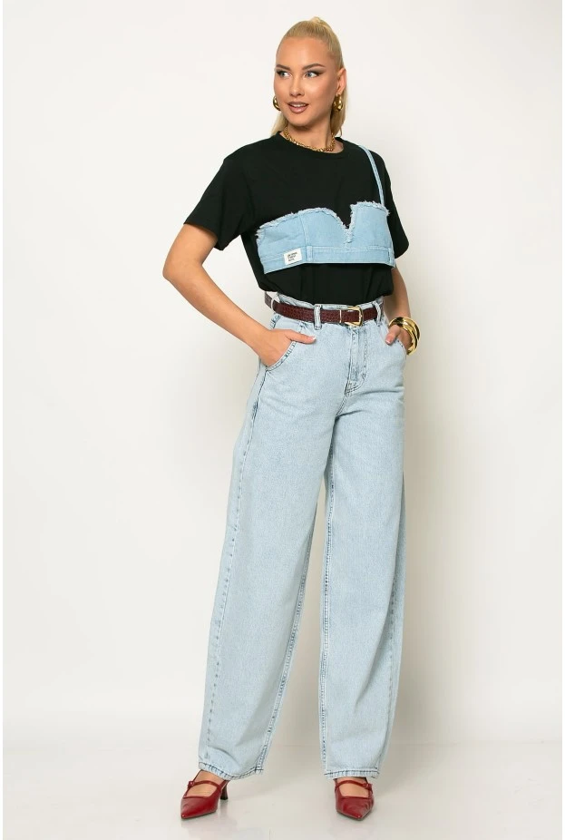 T-shirt με jean λεπτομέρειες μαύρο