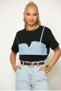 T-shirt με jean λεπτομέρειες μαύρο