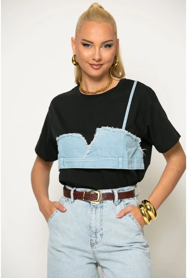 T-shirt με jean λεπτομέρειες μαύρο
