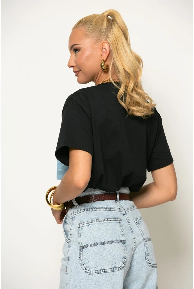 T-shirt με jean λεπτομέρειες μαύρο