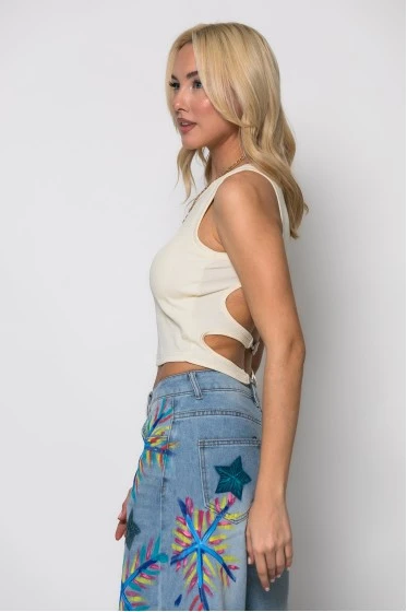 Crop top ριπ με ανοίγματα στην πλάτη κίτρινο