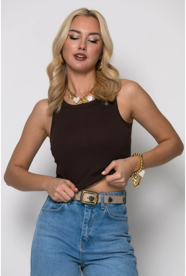 Crop top ριπ με ανοίγματα στην πλάτη καφέ