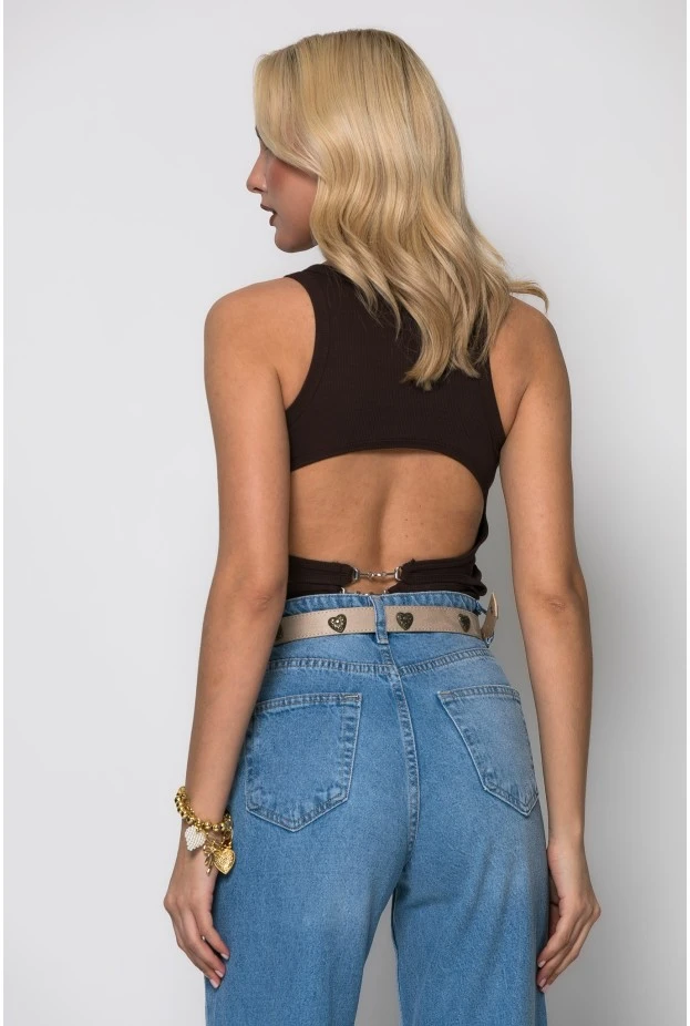 Crop top ριπ με ανοίγματα στην πλάτη καφέ