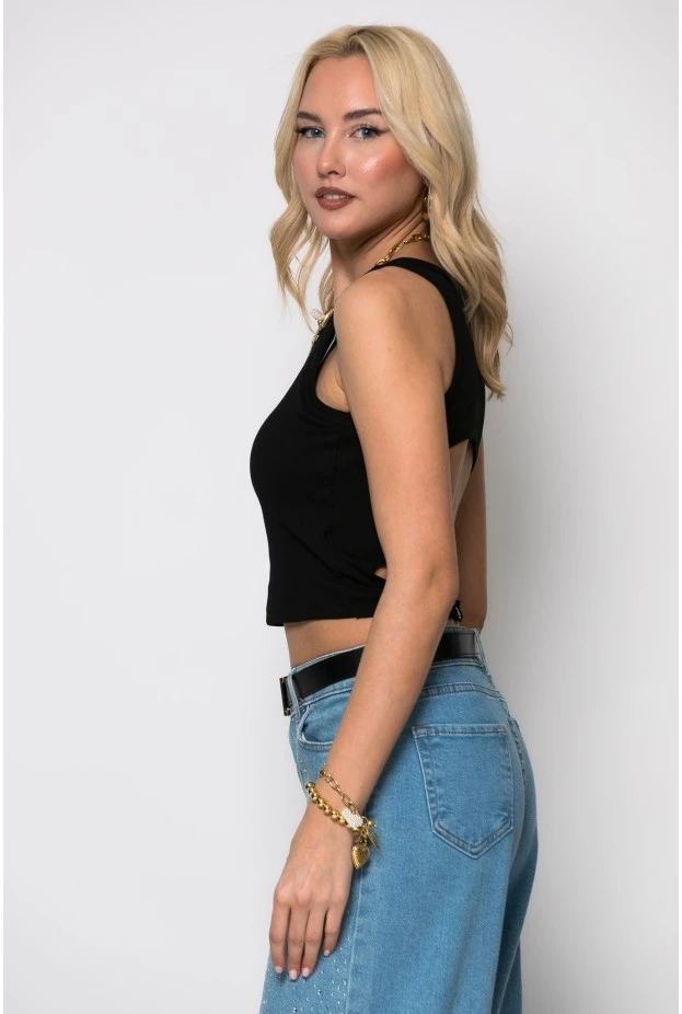 Crop top ριπ με ανοίγματα στην πλάτη μαύρο