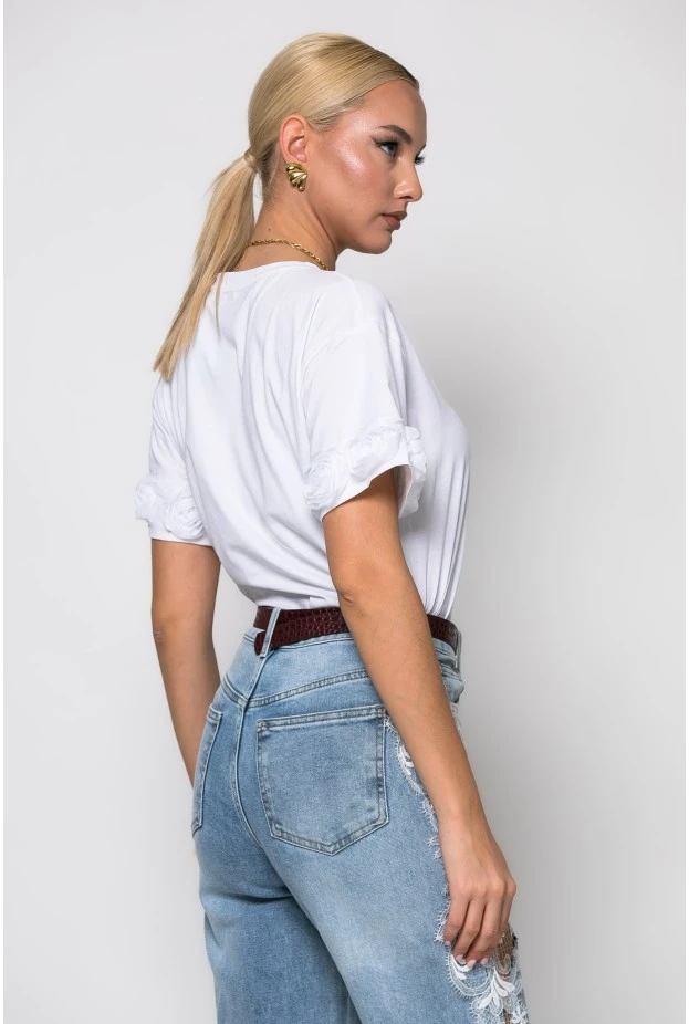 T-shirt κοντομάνικο με τούλινα λουλούδια στα μανίκια λευκό