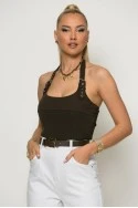 Crop top halter με cups και σφηγκοφωλιά πίσω καφέ