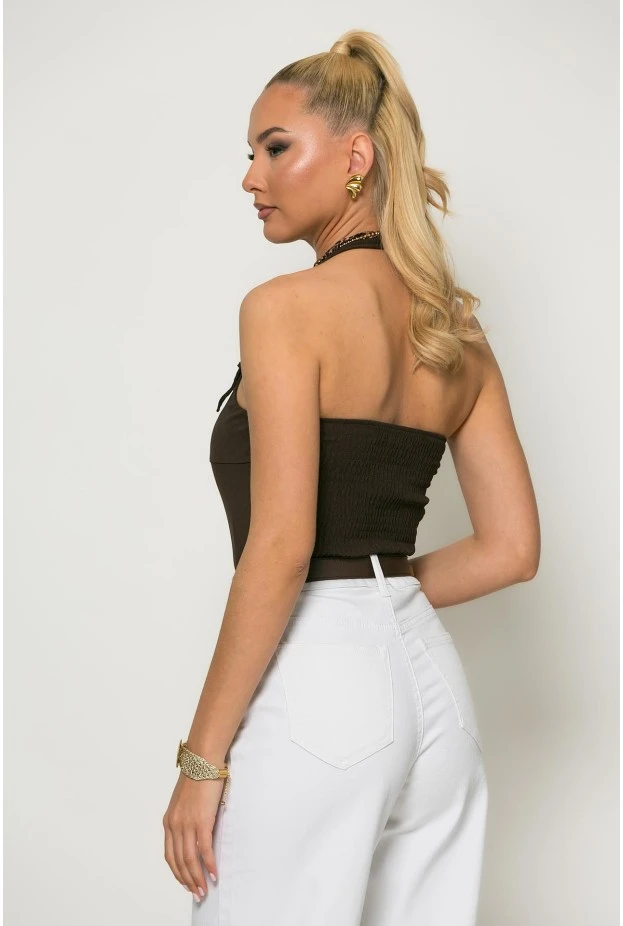 Crop top halter με cups και σφηγκοφωλιά πίσω καφέ