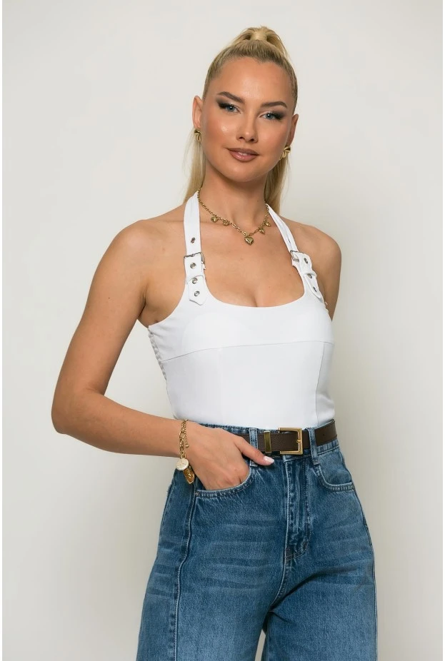 Crop top halter με cups και σφηγκοφωλιά πίσω λευκό