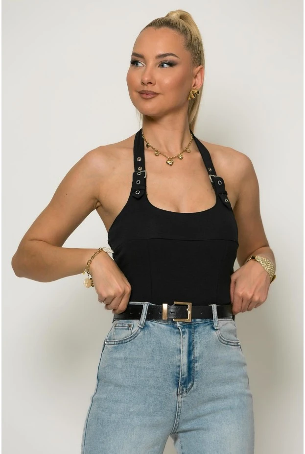 Crop top halter με cups και σφηγκοφωλιά πίσω μαύρο