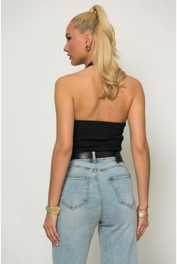 Crop top halter με cups και σφηγκοφωλιά πίσω μαύρο
