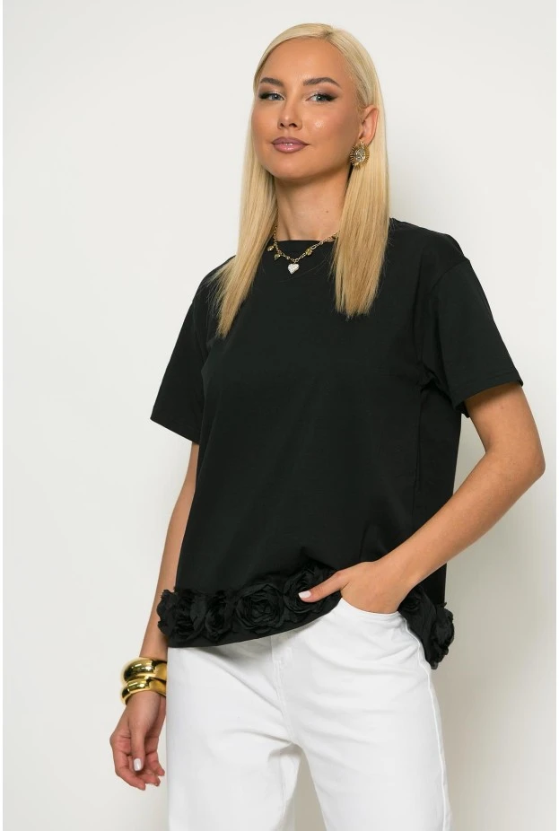 T-shirt με τούλινα λουλούδια στο τελείωμα μαύρο